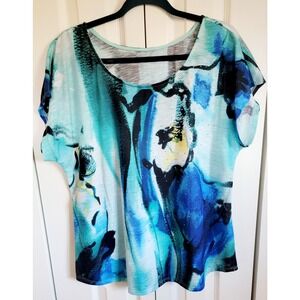 APT. 9 XL Women's Multi-Blues Blouse Top Tie‎ Dye Look Beaded SS NWOT